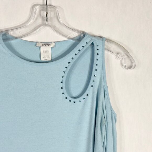 Cache‎ Small Top Knit Light Baby Blue Rhinestones Cut Out Cold Shoulder Y2K 1348 - Picture 3 of 10